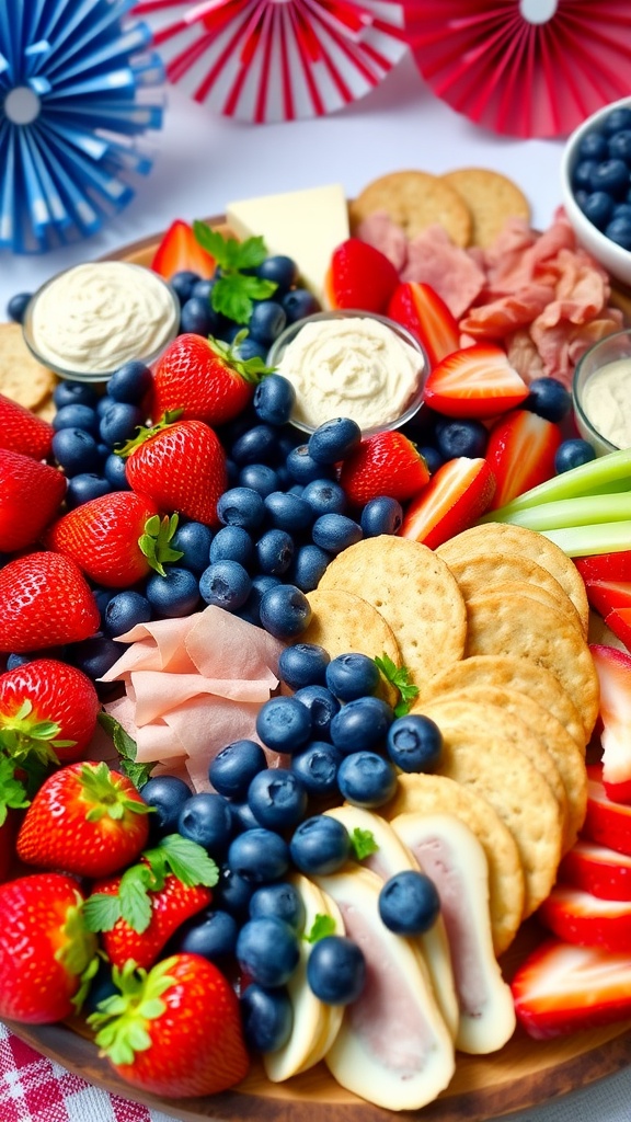 A July 4th appetizer board with strawberries, blueberries, cheeses, meats, and vegetables, garnished with fresh herbs.